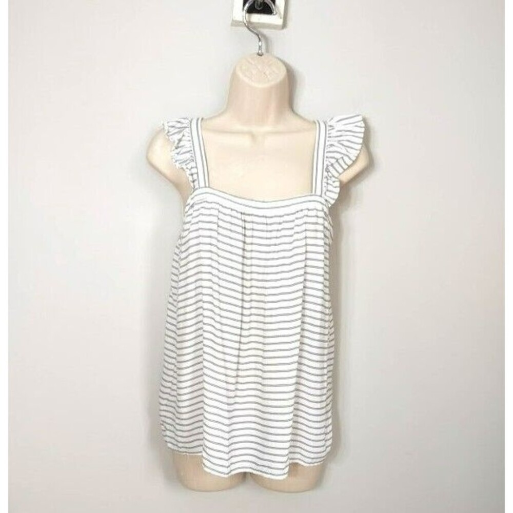 LOFT White and Black Striped Ruffled Strap Tank Top XS